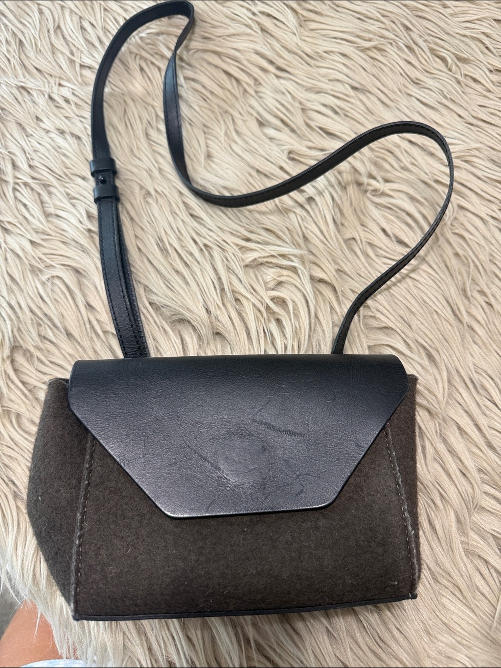 Dark Olive and Black Felt and Leather Flap Crossbody Bag - Women's Crossbody